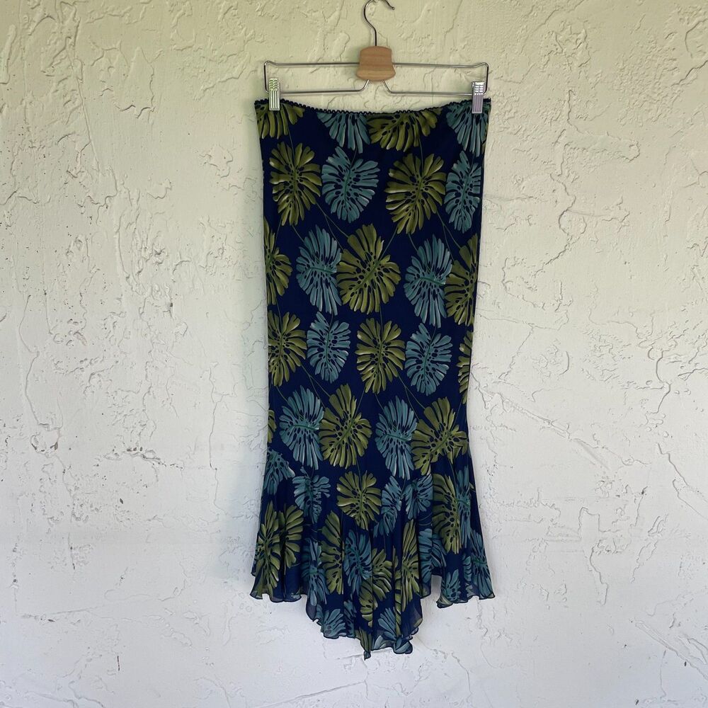 VTG PIANO 100% Silk Skirt L Navy Blue Green Tropical Leaf Print Flowy Midi Boho - Picture 2 of 5